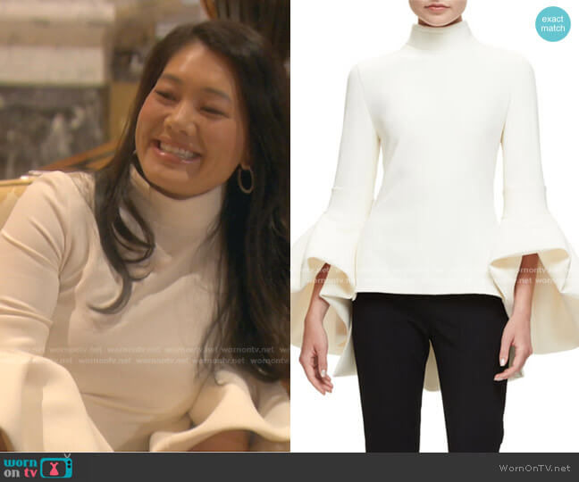 Brandon Maxwell Bell-Sleeve Turtleneck Peplum-Back Top worn by Crystal Kung Minkoff on The Real Housewives of Beverly Hills