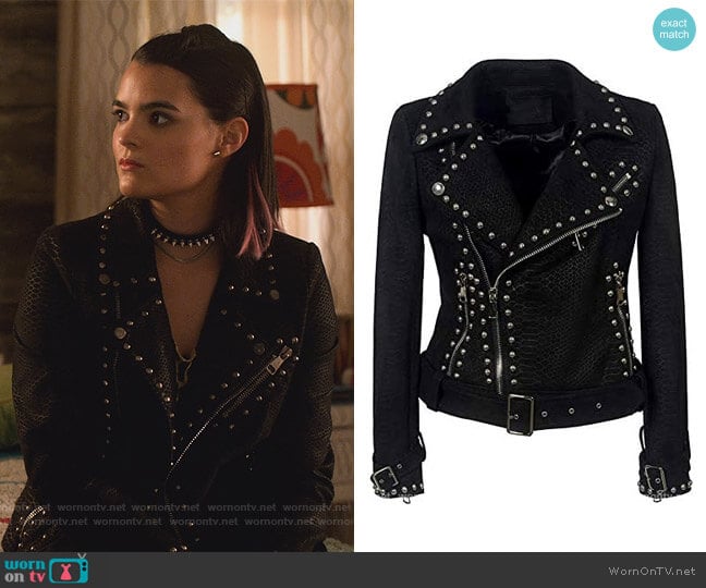 Dissa Zip Up Faux Suede Leather Biker Jacket worn by Aurora Decker-Morningstar (Brianna Hildebrand) on Lucifer