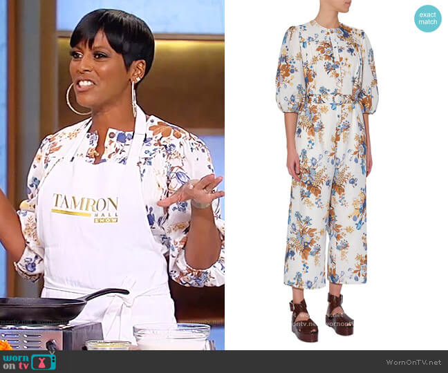 Erdem Vacation Capri Floral Puff-Sleeve Jumpsuit worn by Tamron Hall on Tamron Hall Show