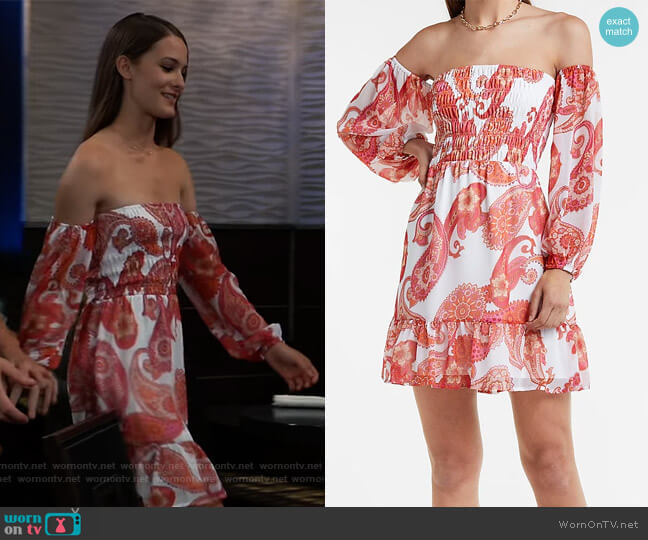 Express Paisley Smocked Bodice Off The Shoulder Dress worn by Esme (Avery Kristen Pohl) on General Hospital