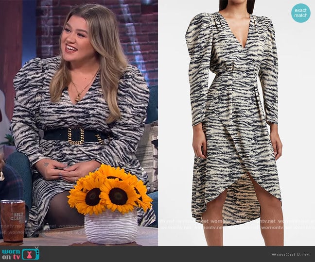 Express Zebra Print Puff Sleeve Midi Dress worn by Kelly Clarkson on The Kelly Clarkson Show