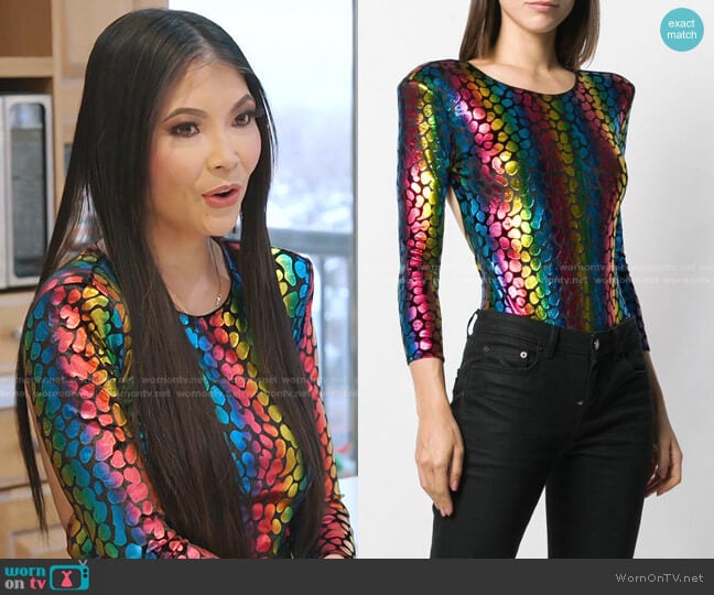 Faith Connexion Rainbow Print bodysuit worn by Jennie Nguyen on The Real Housewives of Salt Lake City