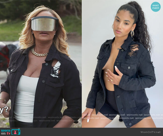 Fashion Nova Stereo Love Denim Jacket worn by Gizelle Bryant on The Real Housewives of Potomac