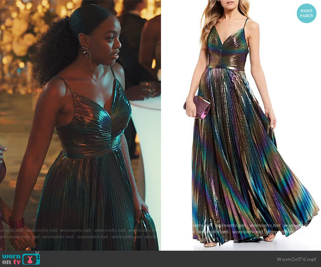 GB Social Iridescent Pleated Long Dress worn by Nikki Vaughn (Alana Bright) on Our Kind of People