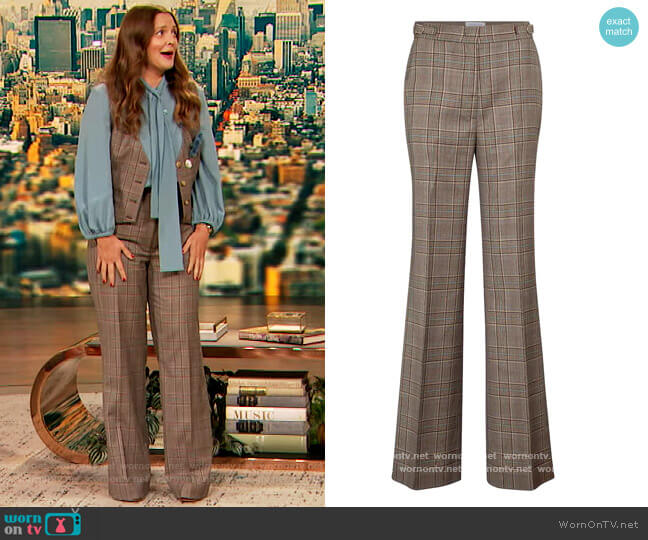 Gabriela Hearst Vesta checked wide-leg virgin wool pants worn by Drew Barrymore on The Drew Barrymore Show