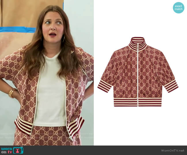 Gucci GG Supreme print silk jacket worn by Drew Barrymore on The Drew Barrymore Show
