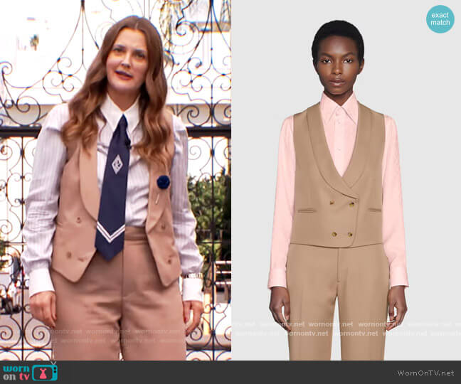 Gucci Double Breasted Gabardine Vest worn by Drew Barrymore on The Drew Barrymore Show