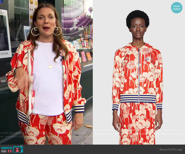 Gucci Poppy flowers print hooded jacket worn by Drew Barrymore on The Drew Barrymore Show