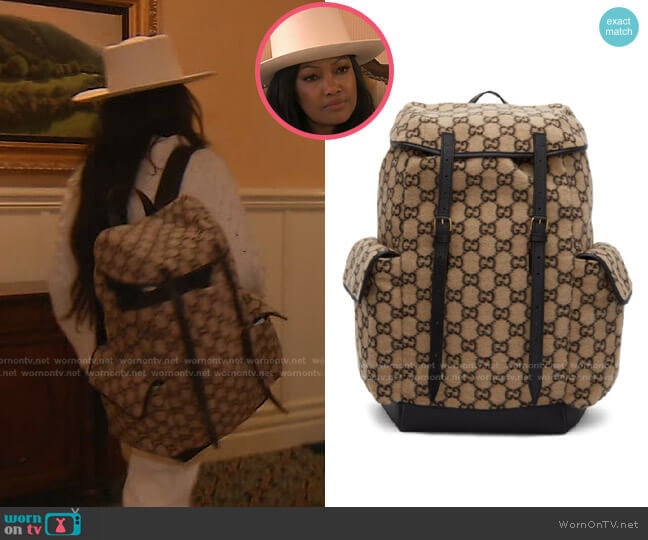 Gucci Monogram Pattern Backpack worn by Garcelle Beauvais on The Real Housewives of Beverly Hills