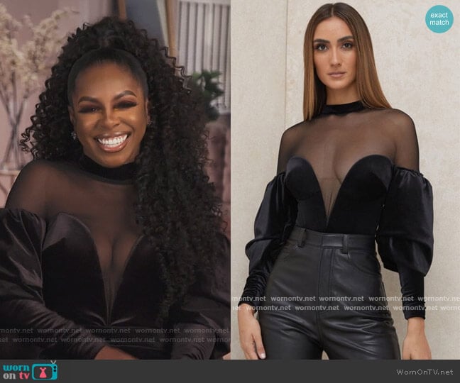 House of CB Monique Black Velvet and Tulle Bodysuit worn by Candiace Dillard Bassett on The Real Housewives of Potomac