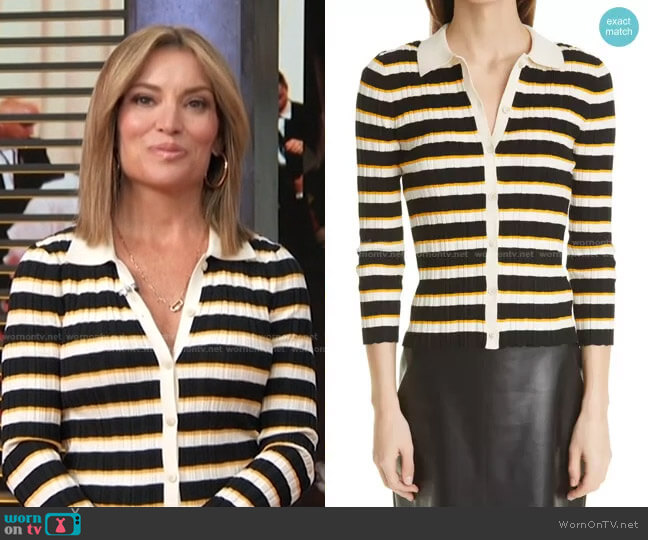 Theory Hudson Stripe Cardigan worn by Kit Hoover on Access Hollywood