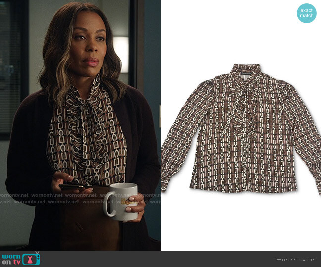 INC International Concepts Jolie Printed Ruffled Blouse worn by Mia Jordan (Karen Pittman) on The Morning Show