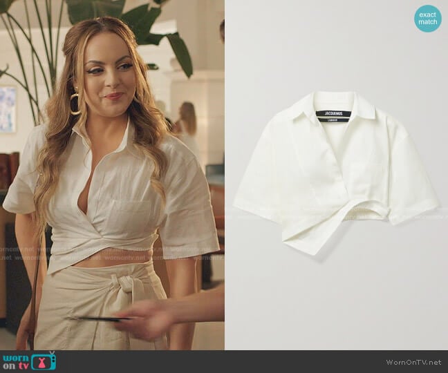 Jacquemus Capri Asymmetric Cropped Cotton-Blend Jacquard Shirt worn by Fallon Carrington (Elizabeth Gillies) on Dynasty