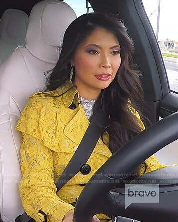 Jennie’s yellow ruffle lace trench coat on The Real Housewives of Salt Lake City