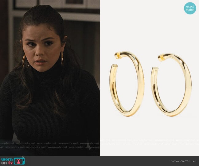 Jennifer Fisher Samira gold-plated hoop earrings worn by Mabel Mora (Selena Gomez) on Only Murders in the Building