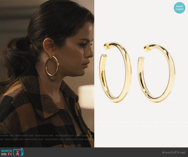 Jennifer Fisher Samira gold-plated hoop earrings worn by Mabel Mora (Selena Gomez) on Only Murders in the Building