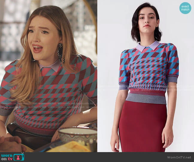 Diane von Furstenberg Jenny Collared Knit Pullover worn by Kirby Anders (Maddison Brown) on Dynasty