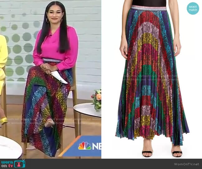 Alice + Olivia Katz Rainbow Snake Print Skirt worn by Morgan Radford on Today