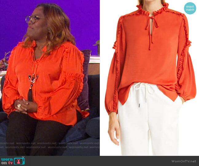 Kobi Halperin Perri Ruffle Sleeve Blouse worn by Sheryl Underwood on The Talk