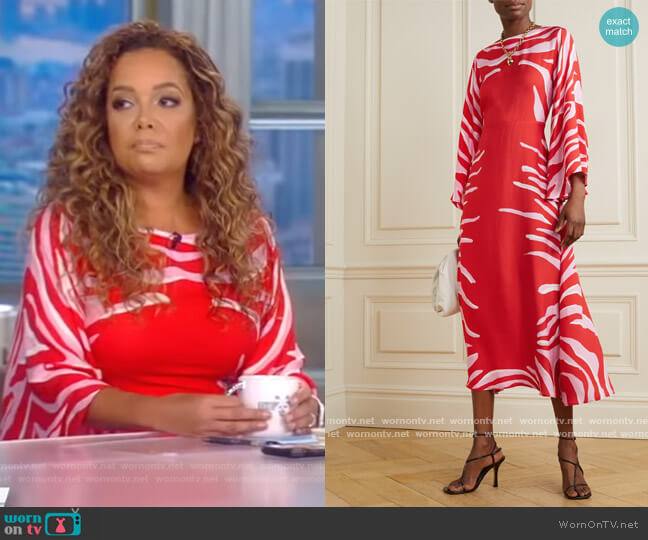 LA DoubleJ Sorella zebra-print seersucker midi dress worn by Sunny Hostin on The View