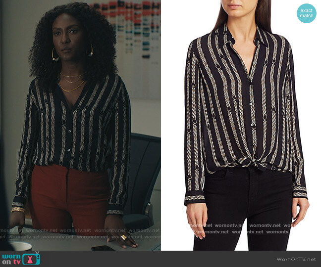 L'Agence Nina Aguillette Printed Silk Blouse worn by Lauren Turner (Jade Eshete) on Billions