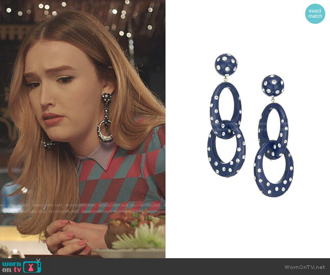 Lele Sadoughi Crystal-Embellished Interlocking Oval Hoop Earrings worn by Kirby Anders (Maddison Brown) on Dynasty