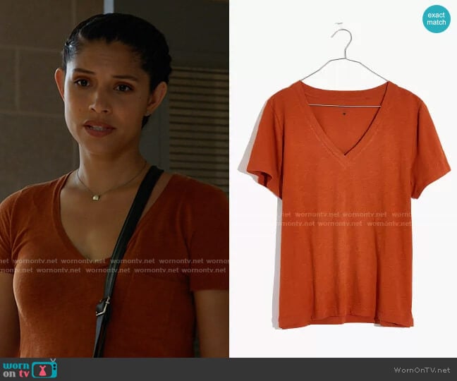 Madewell Whisper Cotton V-Neck Tee in Rusted Clay worn by Stella Kidd (Miranda Rae Mayo) on Chicago Fire