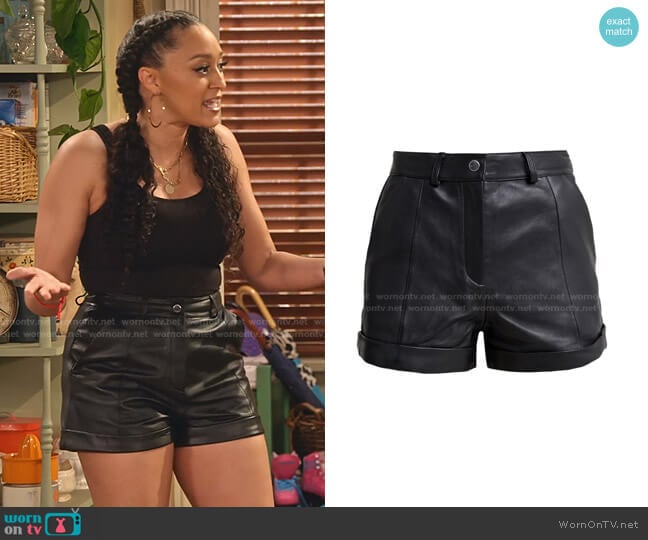 Maje Ilord Leather Mini Shorts worn by Cocoa McKellan (Tia Mowry-Hardrict) on Family Reunion
