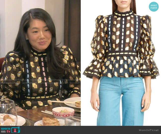 Marc Jacobs Deco Square Fil Coupé Blouse worn by Crystal Kung Minkoff on The Real Housewives of Beverly Hills