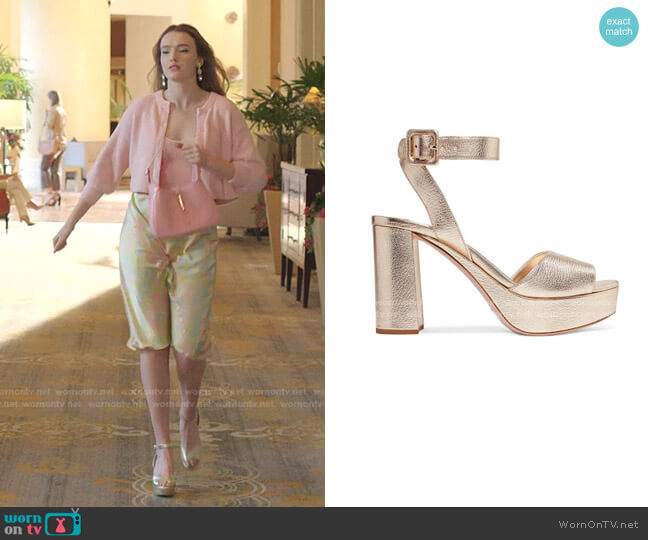 Miu Miu Metallic Leather Platform Sandals worn by Kirby Anders (Maddison Brown) on Dynasty
