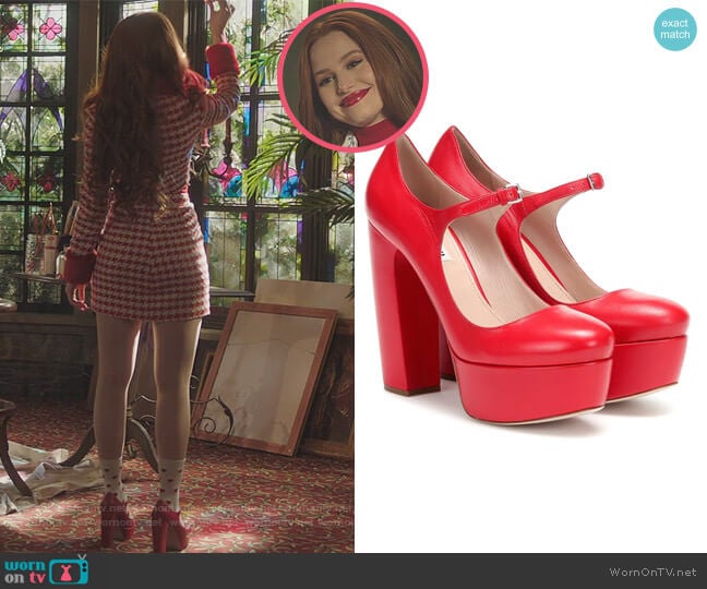 Miu Miu Leather Mary Jane platform pumps worn by Cheryl Blossom (Madelaine Petsch) on Riverdale