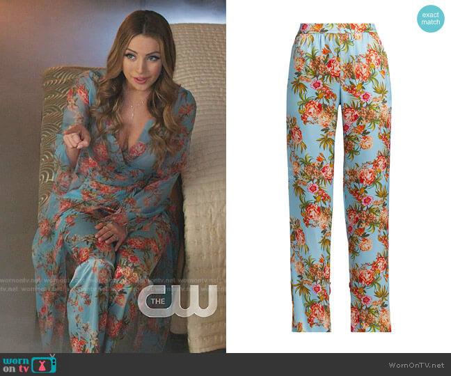 Adriana Iglesias Nima Floral Silk Pants worn by Fallon Carrington (Elizabeth Gillies) on Dynasty