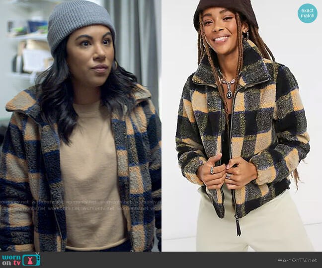 Noisy May Teddy Jacket in Mustard and Black Check