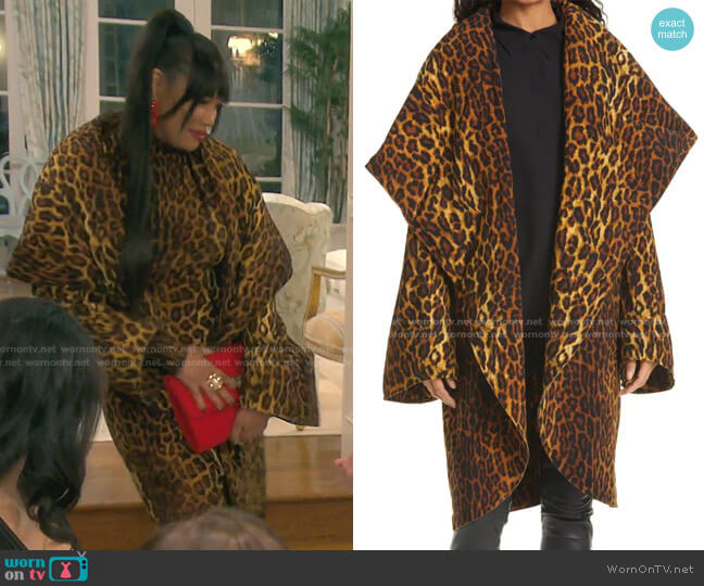 Norma Kamali Leopard Print Coat worn by Garcelle Beauvais on The Real Housewives of Beverly Hills