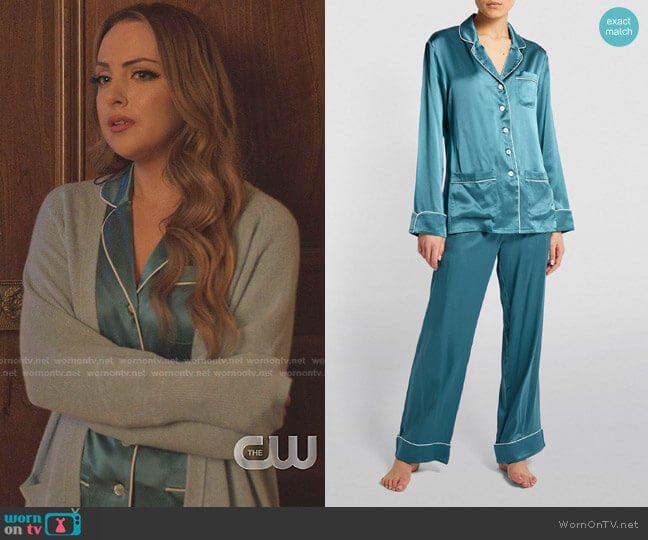 Olivia Von Halle Embroidered Silk Coco Pyjama Set worn by Fallon Carrington (Elizabeth Gillies) on Dynasty