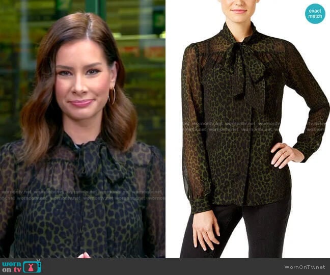 MICHAEL Michael Kors Animal-Print Sheer Tie-Neck Top worn by Rebecca Jarvis on Good Morning America