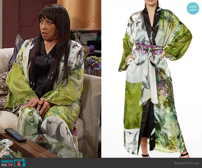 Christine Lingerie Peacock Gatsby Long Silk Robe worn by Paulina Price (Jackée Harry) on Days of our Lives