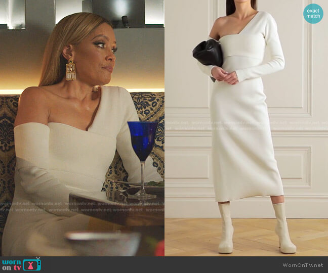 Proenza Schouler One-Shoulder Cutout Knitted Maxi Dress worn by Dominique Deveraux (Michael Michele) on Dynasty