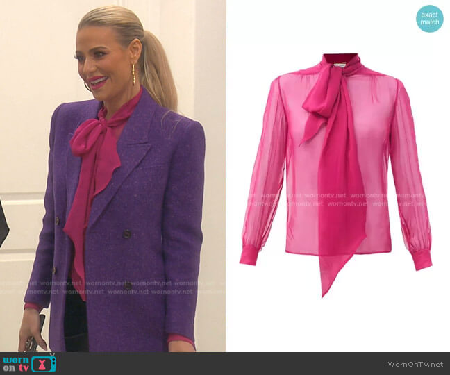 Saint Laurent Pussy-Bow Silk-Chiffon Blouse worn by Dorit Kemsley on The Real Housewives of Beverly Hills