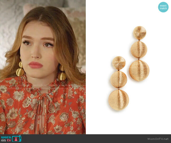 Rebecca De Ravenel Classic 3 Drop Earrings in Gold worn by Kirby Anders (Maddison Brown) on Dynasty