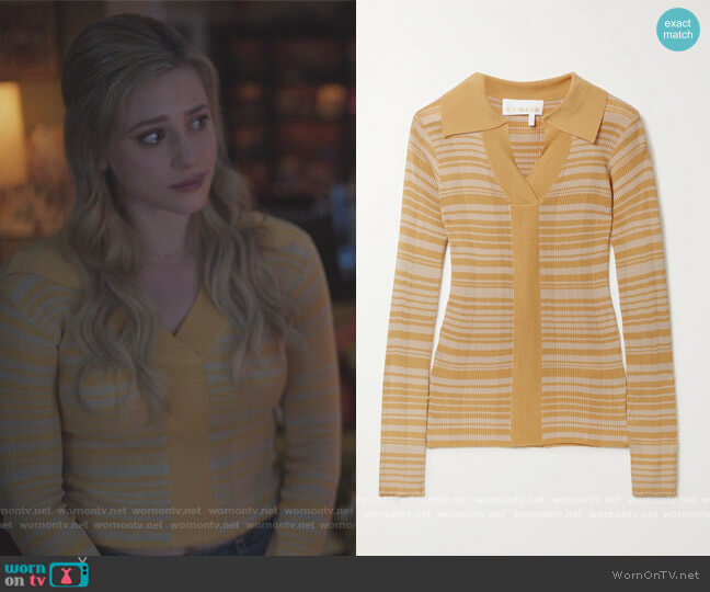 Remain Birger Christensen Joy striped ribbed-knit polo shirt worn by Betty Cooper (Lili Reinhart) on Riverdale