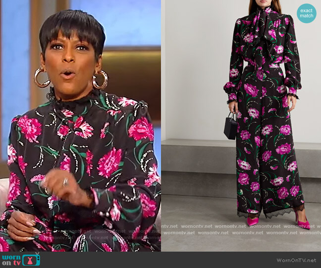 Rodarte Tie-neck lace-trimmed floral-print silk crepe de chine blouse worn by Tamron Hall on Tamron Hall Show