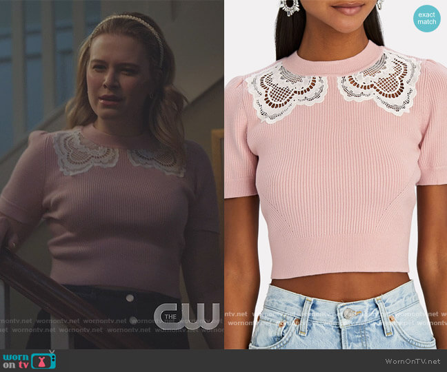 Self Portrait Guipure Lace-Trimmed Rib Knit Top worn by Polly Cooper (Tiera Skovbye) on Riverdale