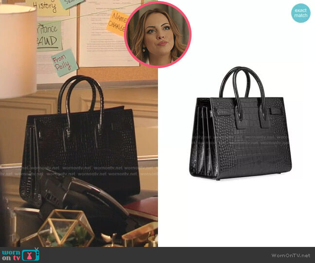 Saint Laurent Sac de Jour Small Shiny Croco Effect Satchel Bag worn by Fallon Carrington (Elizabeth Gillies) on Dynasty