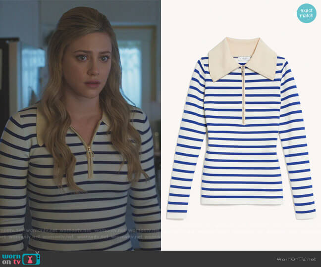 Sandro Sailor-striped wool sweater worn by Betty Cooper (Lili Reinhart) on Riverdale