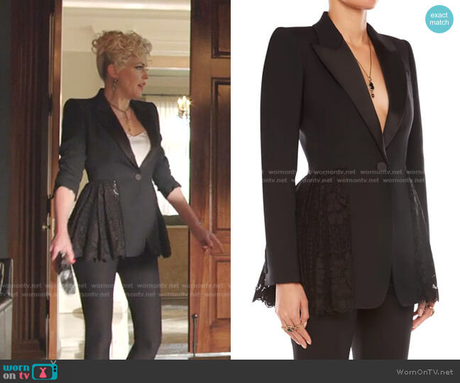 Alexander McQueen Single-Breasted Lace-Peplum Blazer worn by Alexis Carrington (Elaine Hendrix) on Dynasty