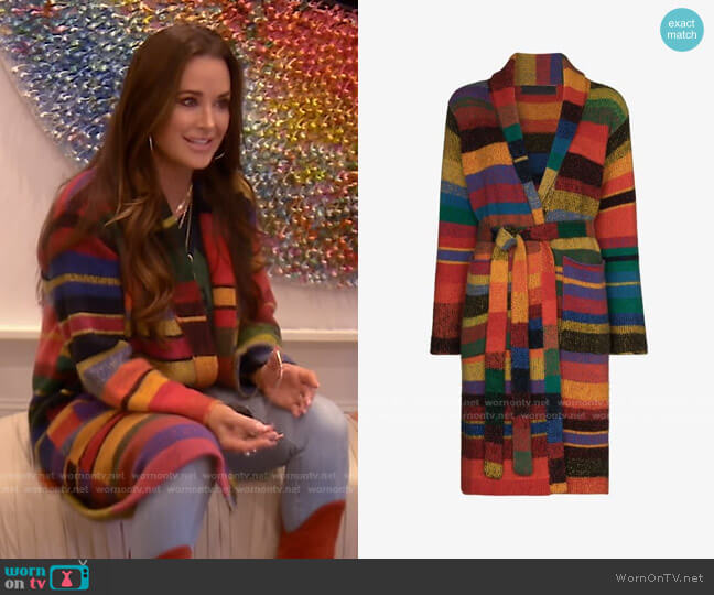 The Elder Statesman Striped Belted Cardigan worn by Kyle Richards on The Real Housewives of Beverly Hills