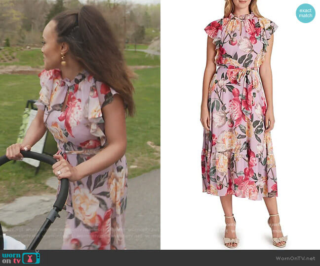 Tahari ASL Ruffle Neck Cap Sleeve Floral Print Chiffon Midi Dress worn by Ashley Darby on The Real Housewives of Potomac