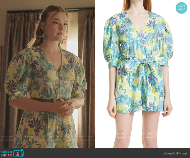 Tanya Taylor Becky Floral Belted Romper worn by Kirby Anders (Maddison Brown) on Dynasty