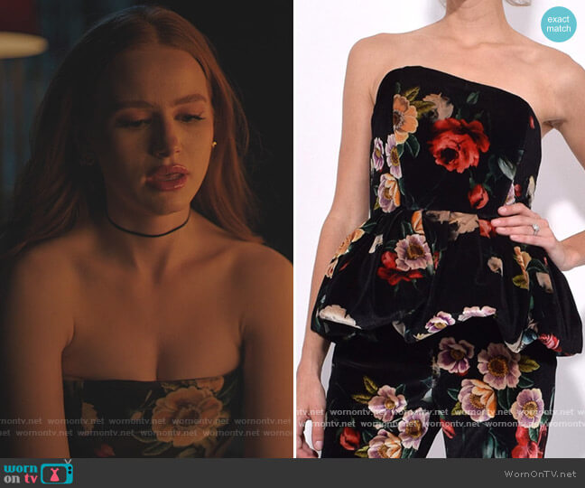 The Attico Floral Printed Velvet Bustier Top worn by Cheryl Blossom (Madelaine Petsch) on Riverdale